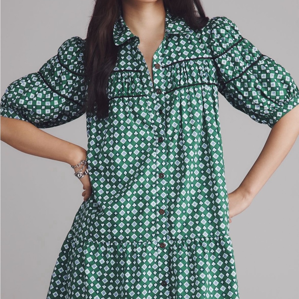 Anthropologie Maeve Green Geometric Short Sleeve Dress-M